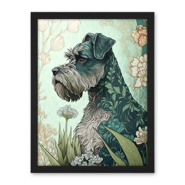 "Artery8 Wall Art Print Grey Schnauzer Dog with Floral Pattern Fur Coat in Flowers Modern Watercolour Large Framed Wall Décor Art - Size: W18"" x H24""" - image 1