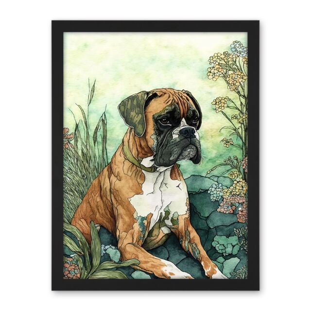 "Artery8 Wall Art Print Boxer Dog in Flower Field Colourful Watercolour Large Framed Wall Décor Art in White - Size: W18"" x H24""" - image 1