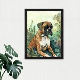 "Artery8 Wall Art Print Boxer Dog in Flower Field Colourful Watercolour Large Framed Wall Décor Art in White - Size: W18"" x H24""" - thumbnail 2
