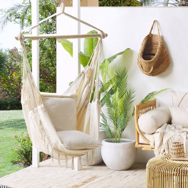 Wyld and Coco Hanging Hammock Chair Beige Cotton Polyester Cushioned Indoor - image 1