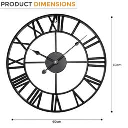 Nordara 60cm Large Open Face Roman Numerals Metal Wall Clock in Black - Size: 100 cm x 60 cm - thumbnail 2