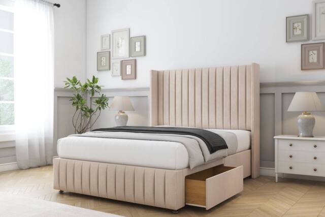 "Comfort Beds Chester Naples Divan Base 2 Drawers - 54"" Wingback-Footboard in Light Sand - Size: Double" - image 1