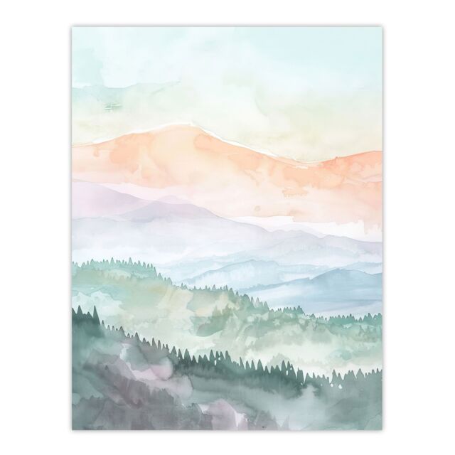 "Artery8 Mountain Mist Forest Landscape Hiking Watercolour Wall Art Print - Size: W24"" x H32""" - image 1