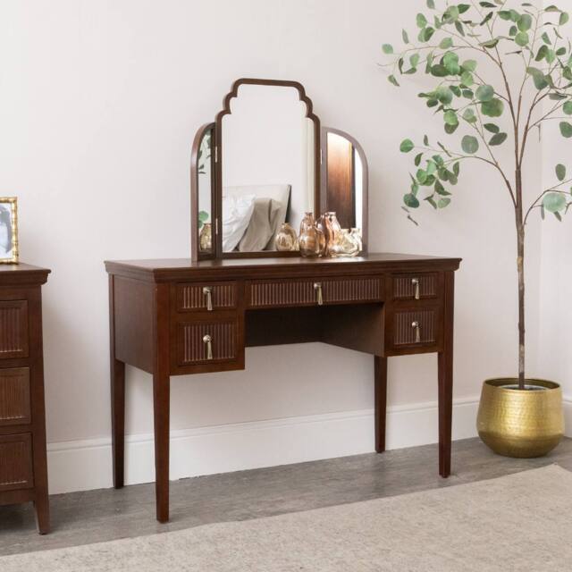 Melody Maison Dark Wood Reeded Dressing Table & Mirror Set