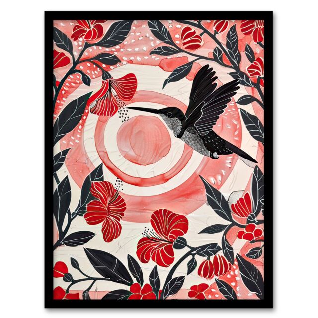 Artery8 Hibiscus Flowers Hummingbird Red Black Sunset Sun Framed Art Print in Yellow - Size: A4 - image 1