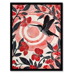 Artery8 Hibiscus Flowers Hummingbird Red Black Sunset Sun Framed Art Print in Yellow - Size: A4 - thumbnail 1