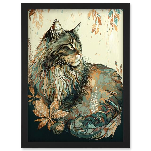 Artery8 Maine Coon Cat with Flower Pattern Modern Watercolour Illustration Artwork Framed Wall Art Print A4 in Black - image 1