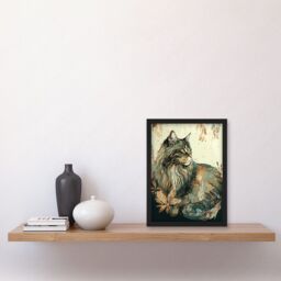 Artery8 Maine Coon Cat with Flower Pattern Modern Watercolour Illustration Artwork Framed Wall Art Print A4 in Black - thumbnail 2