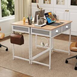 Gymax 90 cm Computer Desk Home Office Desk Vanity Desk With 2 Drawers in Natural - thumbnail 5