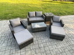 Fimous 6 Seater Dark Grey Outdoor Rattan Garden Furniture Set Patio Lounge Sofa Rectangular Coffee Table with 2 Big Footstool - thumbnail 2