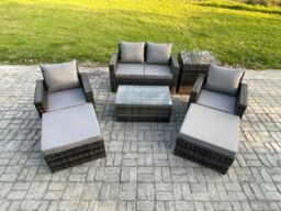 Fimous 6 Seater Dark Grey Outdoor Rattan Garden Furniture Set Patio Lounge Sofa Rectangular Coffee Table with 2 Big Footstool - thumbnail 1