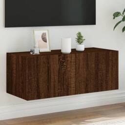Berkfield Home TV Wall Cabinet with LED Lights Brown Oak 80x35x31 cm - Size: 80 x 35 x 31 cm - thumbnail 2
