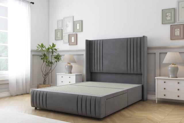 "Sloomy Camden Coniston Divan Base No Drawers - 54"" Wing Headboard-Footboard in Dark Grey - Size: Double" - image 1