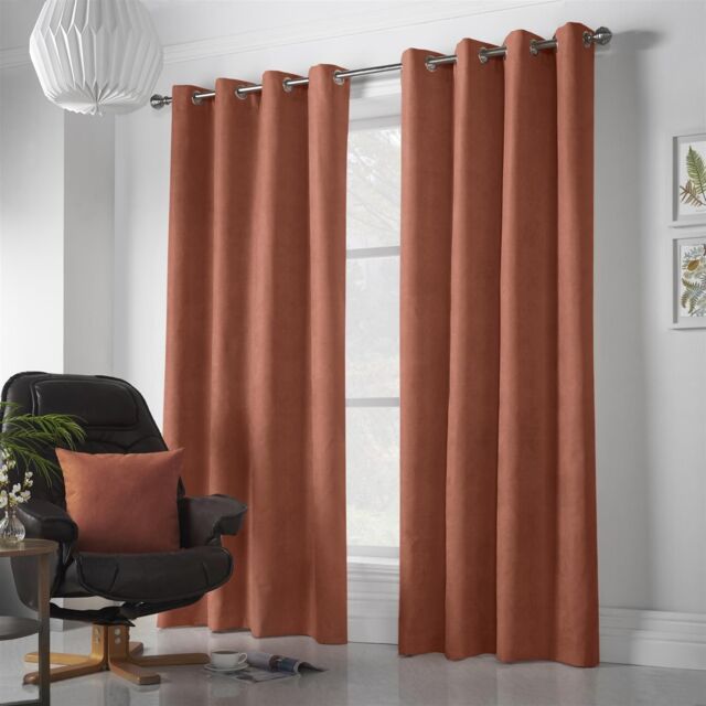 Luxury Living Velvet Chenille Eyelet Curtains Ready Made Pair in Orange - Size: 142 cm width x 183 cm drop - image 1