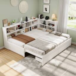 BTM 3ft Single Daybed Trundle Storage Bed USB Charging Wooden Bed in White