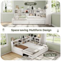 BTM 3ft Single Daybed Trundle Storage Bed USB Charging Wooden Bed in White - thumbnail 7