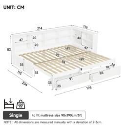 BTM 3ft Single Daybed Trundle Storage Bed USB Charging Wooden Bed in White - thumbnail 6