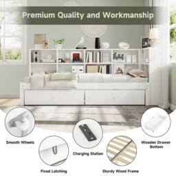BTM 3ft Single Daybed Trundle Storage Bed USB Charging Wooden Bed in White - thumbnail 8