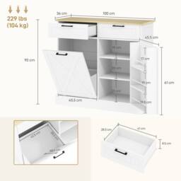 HOMCOM Sideboard with Trash Bin, Farmhouse Kitchen Sideboard with 2 Drawers in White - thumbnail 3