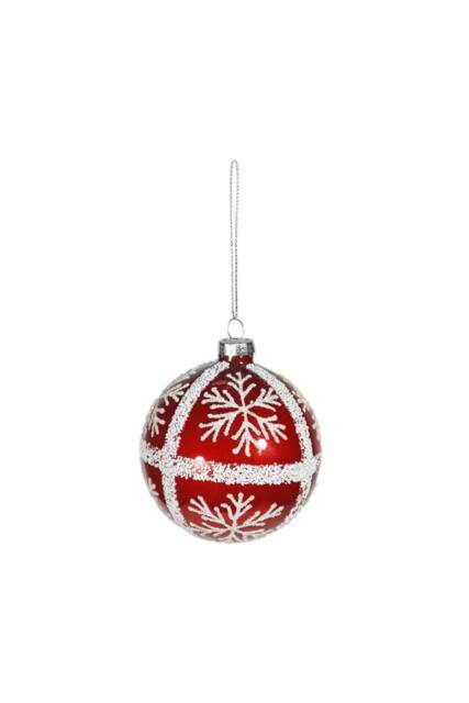KDMD Red Glass Bauble with White Glitter Snowflakes Dia8cm 3 Pack - image 1