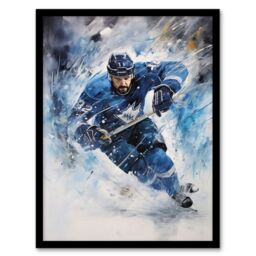 Artery8 Wall Art Print Ice Hockey Skater Roughing Action Artwork Man Cave Art Framed in Blue - Size: A4 - thumbnail 1