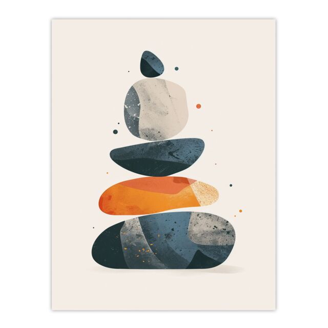 "Artery8 Vertical Stacked Rocks Cairn Boho Stylised Design Wall Art Print in Grey - Size: W12"" x H16""" - image 1