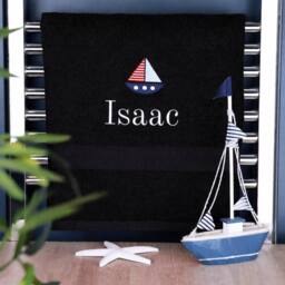 Duncan Stewart Kid's Personalised Sailing Boat Bath Towel in Black - thumbnail 1