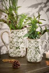 Dibor Set of 2 Luxury Irina Green Botanical Home Decor Pitcher Jug in Cream - Size: Large