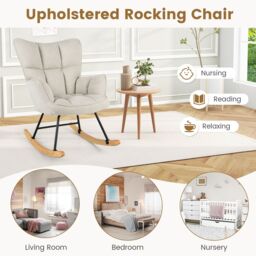 Gymax Linen Rocking Chair Accent Chair With High Backrest & Padded Armrests in Beige - thumbnail 2
