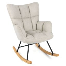 Gymax Linen Rocking Chair Accent Chair With High Backrest & Padded Armrests in Beige