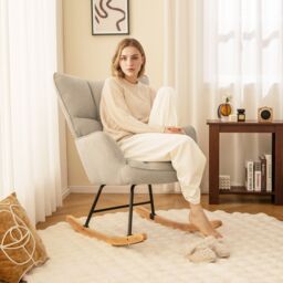 Gymax Linen Rocking Chair Accent Chair With High Backrest & Padded Armrests in Beige - thumbnail 4