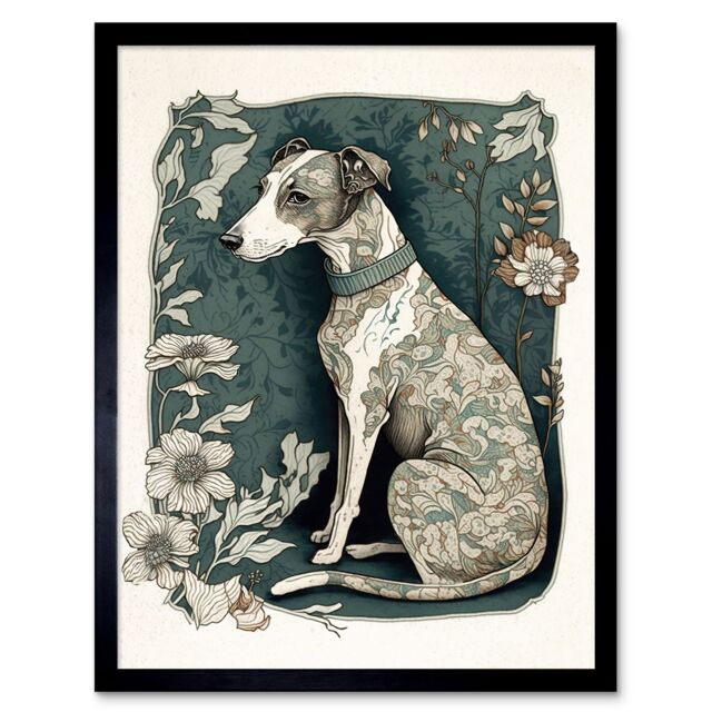 "Artery8 Wall Art Print Whippet Dog with Floral Pattern Fur Coat Art Nouveau Inspired Watercolour Art Framed in Black - Size: W12"" x H16""" - image 1