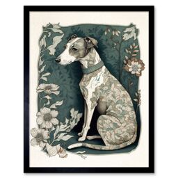 "Artery8 Wall Art Print Whippet Dog with Floral Pattern Fur Coat Art Nouveau Inspired Watercolour Art Framed in Black - Size: W12"" x H16""" - thumbnail 1