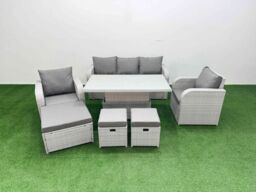 Fimous PE Rattan Garden Furniture Set Reclining Chair Sofa Lounge Sofa Set Adjustable Lifting Dining or Coffee Table 3 Stools Light Grey - thumbnail 1