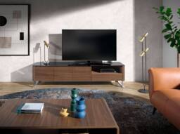 Angel Cerda Walnut TV Unit with Black Tempered Glass Top & Chrome in Brown - thumbnail 3