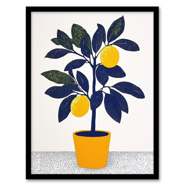 Artery8 Lemon Tree Plant Lover Yellow Blue Bright Simple Framed Art Print - Size: A4 - image 1
