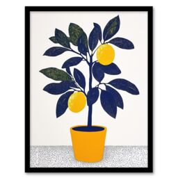 Artery8 Lemon Tree Plant Lover Yellow Blue Bright Simple Framed Art Print - Size: A4 - thumbnail 1