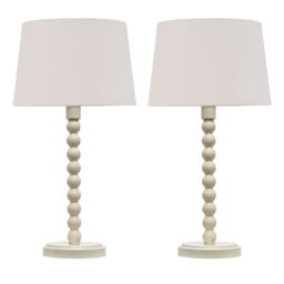 First Choice Lighting Set of 2 Bobbin - Ivory Lamps with Natural Linen Shades in White