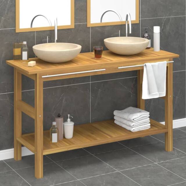 Berkfield Home Bathroom Vanity Cabinet with Cream Marble Sinks Solid Wood Teak in Beige - image 1