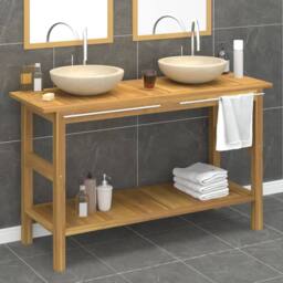 Berkfield Home Bathroom Vanity Cabinet with Cream Marble Sinks Solid Wood Teak in Beige