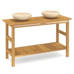 Berkfield Home Bathroom Vanity Cabinet with Cream Marble Sinks Solid Wood Teak in Beige - thumbnail 2