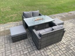 Fimous Rattan Garden Furniture Set with Gas Fire Pit Table 5 Pieces Indoor Outdoor Loveseat Sofa Set Dark Grey Mixed - thumbnail 1