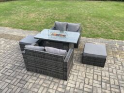 Fimous Rattan Garden Furniture Set with Gas Fire Pit Table 5 Pieces Indoor Outdoor Loveseat Sofa Set Dark Grey Mixed - thumbnail 3