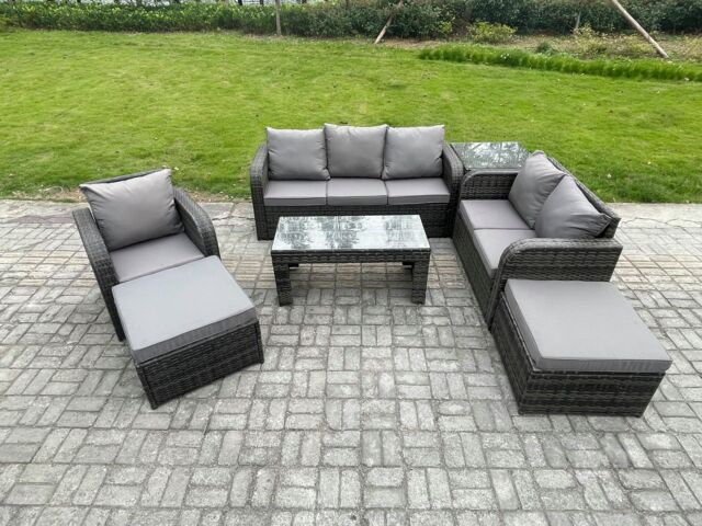 Fimous High Back Rattan Garden Furniture Set w/ Loveseat Sofa Rectangular Coffee Table Side Table 2 Big Footstool Indoor Outdoor Patio Lounge Sofa - image 1