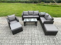 Fimous High Back Rattan Garden Furniture Set w/ Loveseat Sofa Rectangular Coffee Table Side Table 2 Big Footstool Indoor Outdoor Patio Lounge Sofa - thumbnail 1