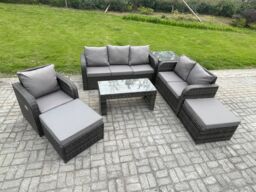 Fimous High Back Rattan Garden Furniture Set w/ Loveseat Sofa Rectangular Coffee Table Side Table 2 Big Footstool Indoor Outdoor Patio Lounge Sofa - thumbnail 2