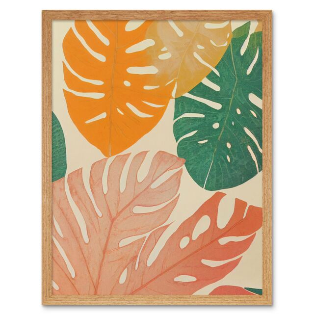 "Artery8 Wall Art Print Pastel Monstera Leaves Botanical Art Framed in Light Oak - Size: W12"" x H16""" - image 1