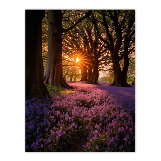 "Artery8 Wall Art Print Purple Bluebell Woods At Dawn Sunrise Peaceful Elegant Artwork Poster - Size: W12"" x H16""" - image 1