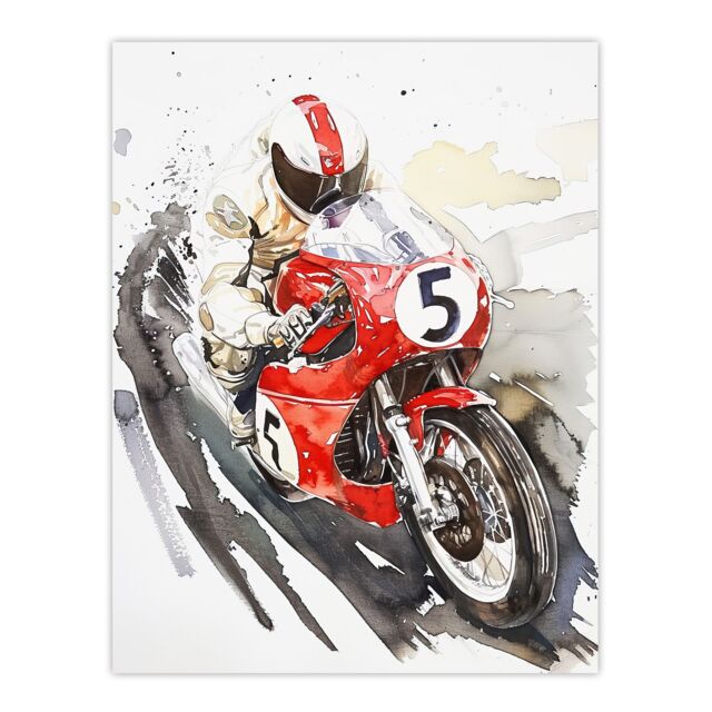 "Artery8 Red Motorcycle Race Sport Event Watercolour Wall Art Print - Size: W24"" x H32""" - image 1
