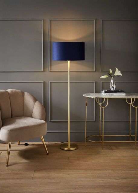 ValueLights Charlie Gold Stem Floor Lamp with Velvet Drum with Gold Inner Lamp Shade in Dark Navy - image 1